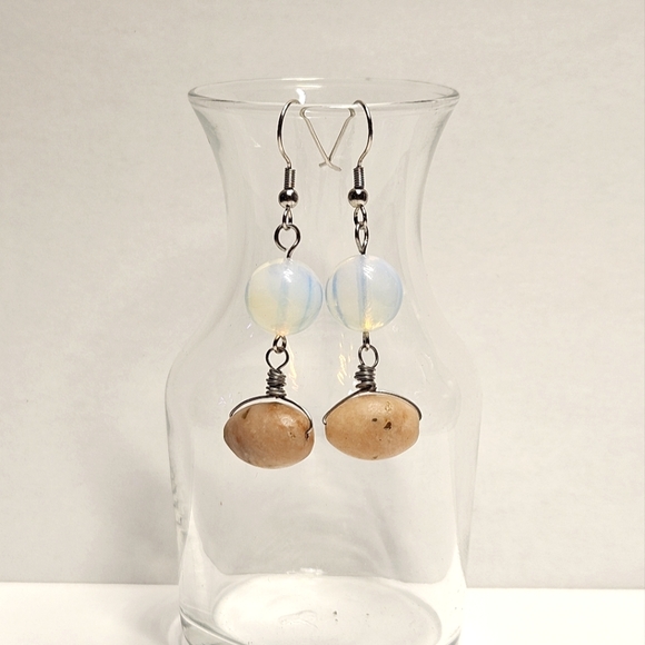 Handmade Opalite and Stone Beaded Earrings - Picture 2 of 6